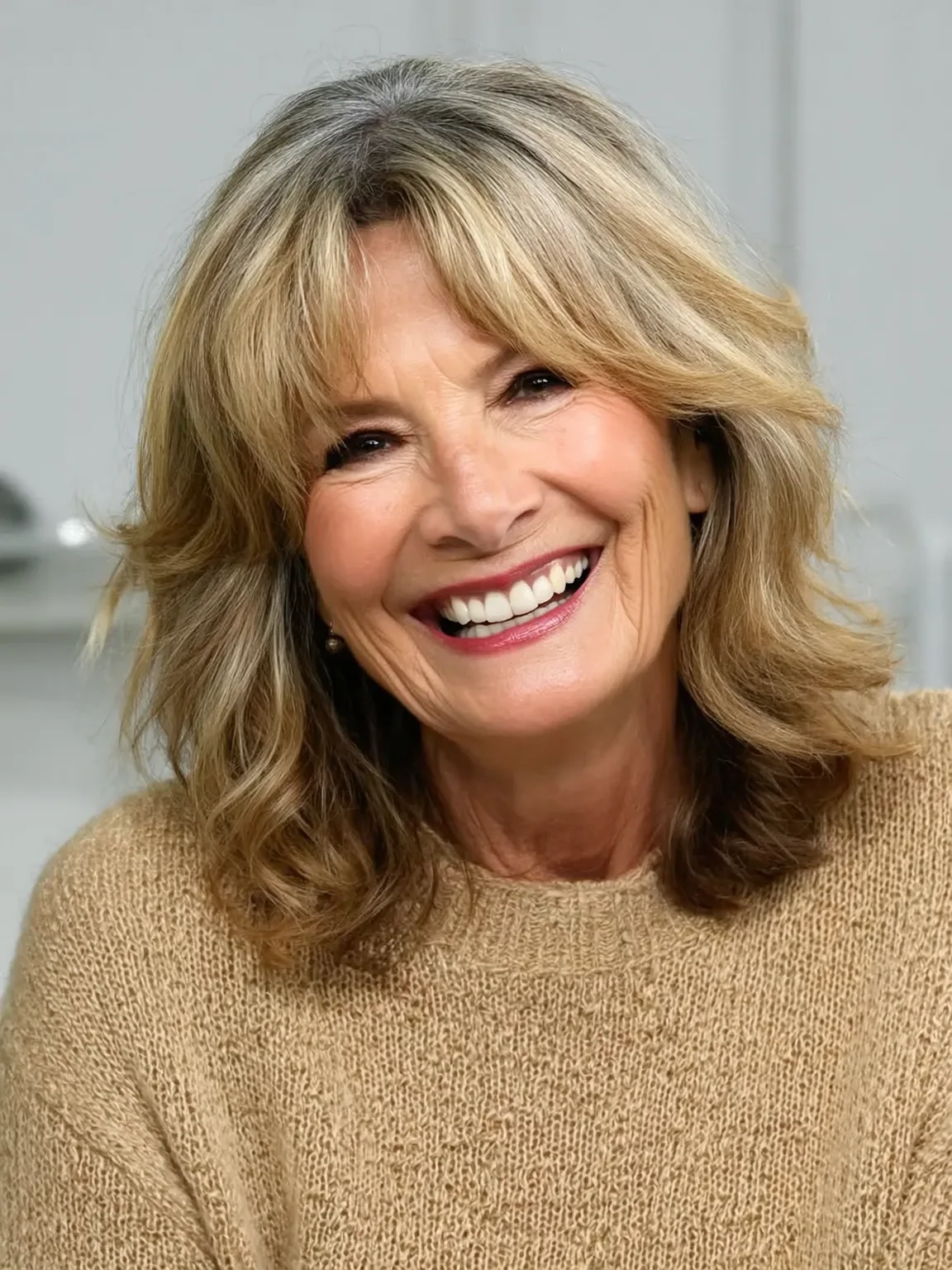 Layered Sandy Blonde Waves with Curtain Bangs